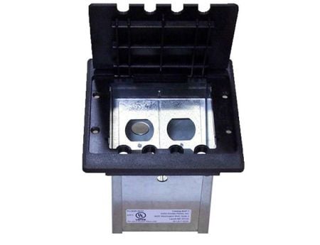 Holes in the included black lid allow cables to pass while the box is securely closed.